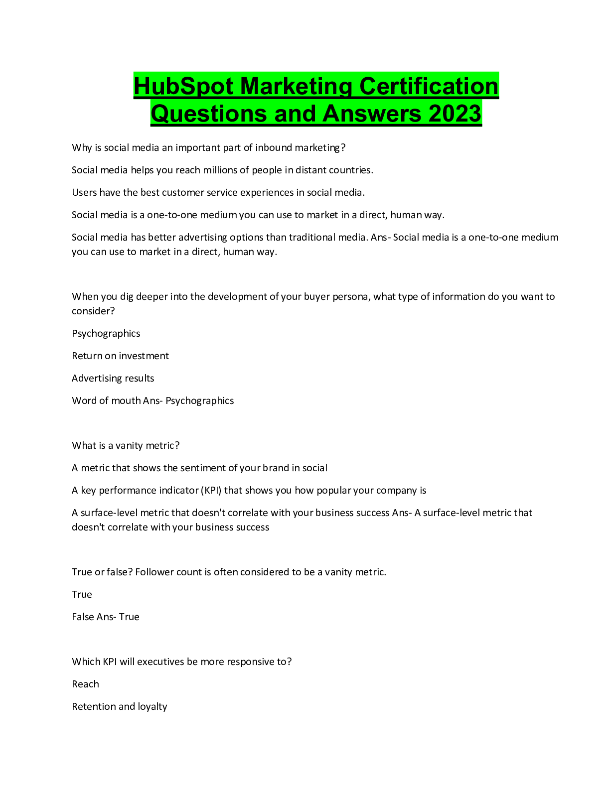 Preview image for HubSpot Marketing Certification Questions and Answers 2023